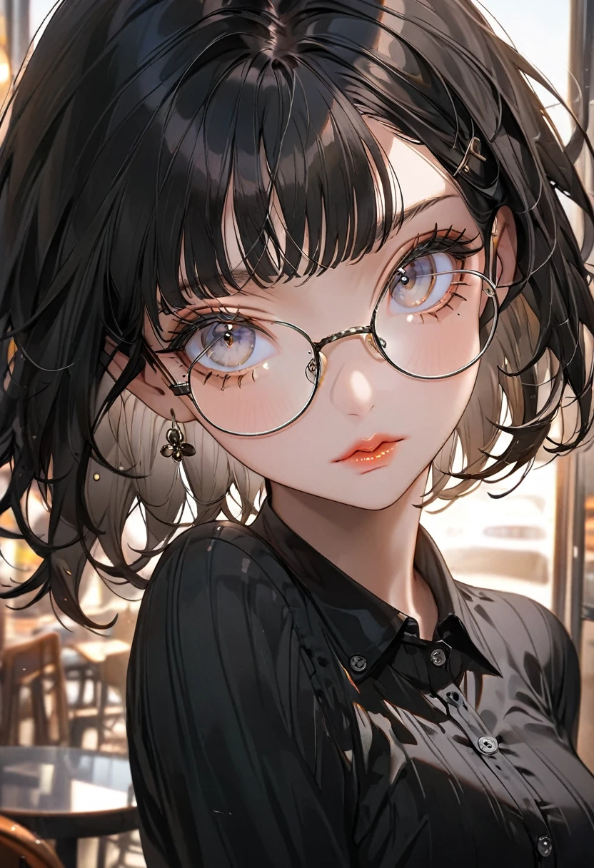 The background is a cafe,(Highest quality,Very detailed,High resolution:1.2),beautiful girl,Black very short hair,Black hair bangs,very_Long eyelashes, Detailed lips, Cool look, Soft Skin, Shiny Hair,Exquisite makeup,Shot from above,black buttoned shirt,Wearing round glasses with black self-frames