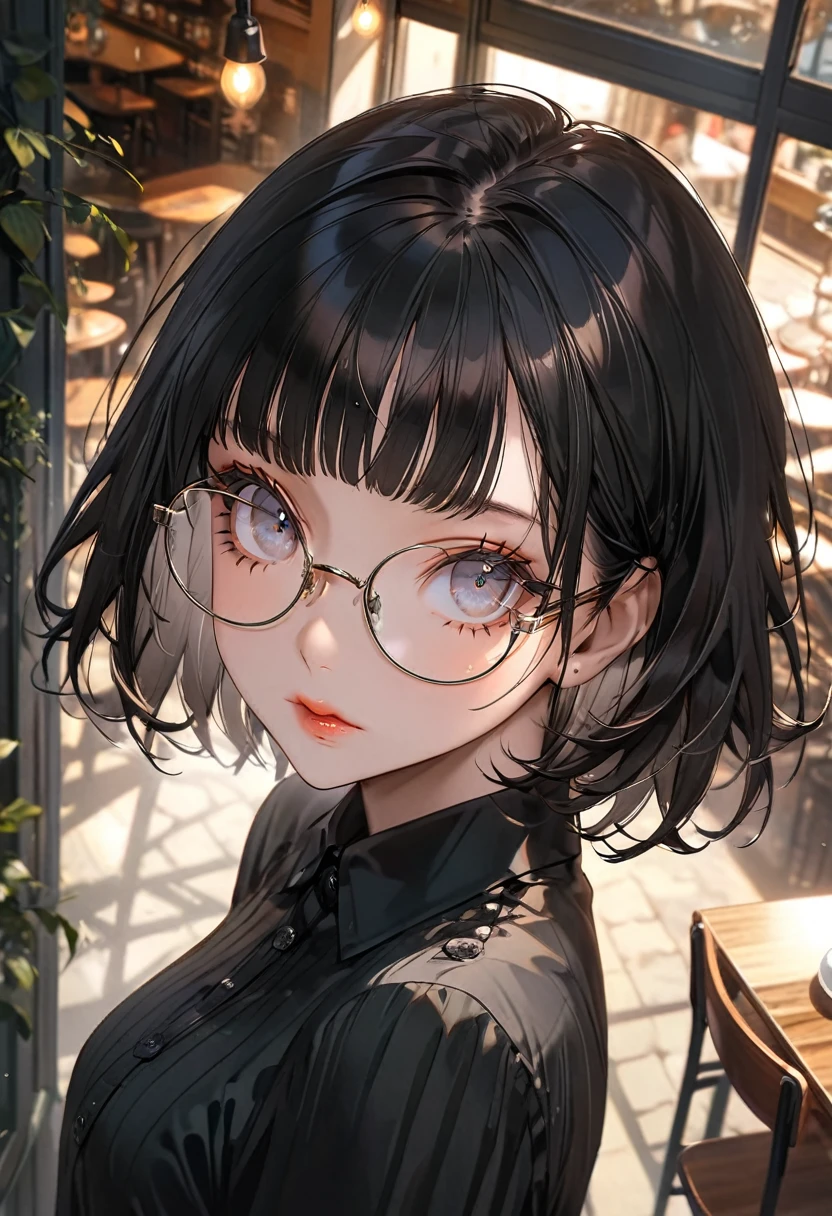 The background is a cafe,(Highest quality,Very detailed,High resolution:1.2),beautiful girl,Black very short hair,Black hair bangs,very_Long eyelashes, Detailed lips, Cool look, Soft Skin, Shiny Hair,Exquisite makeup,Shot from above,black buttoned shirt,Wearing round glasses with black self-frames