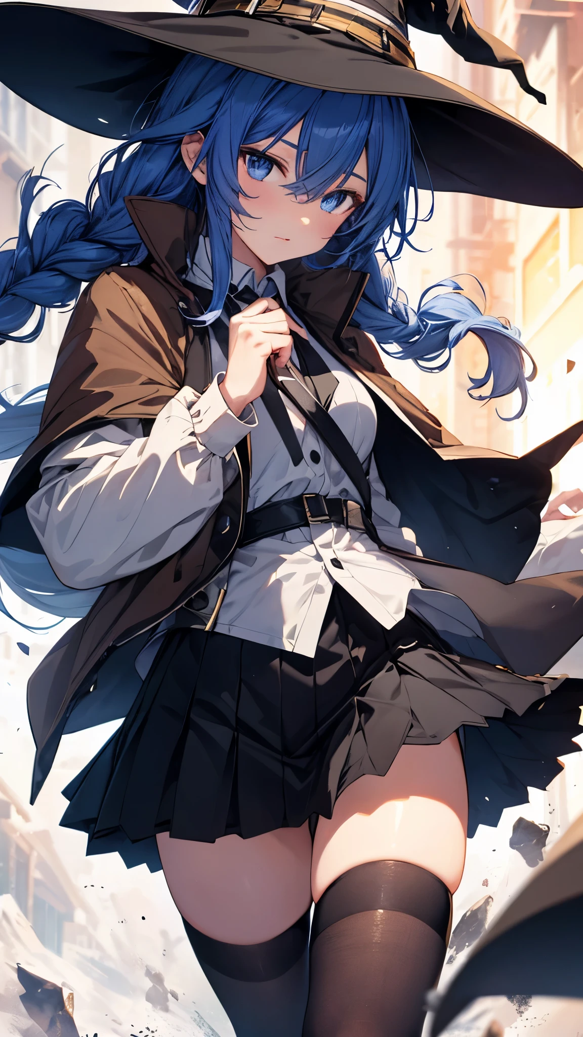 roxy, ahoge, black ribbon, blue eyes, blue hair, braid, hair between eyes, hair ribbon, long hair, twin braids, very long hair,
(Witch Hat:1.3),black legwear, black skirt, capelet, jacket, brown jacket, long sleeves, miniskirt, open clothes, open jacket, pleated skirt, skirt, white capelet, white footwear, white jacket, masterpiece,Noise Reduction,perfect anatomy,high resolution, ultra-detailed, ultra-detailed face,game cg,dutch angle ,beautiful detailed eyes,visualart,five fingers, perfect hands, perfect lighting, sparkling pupils,
