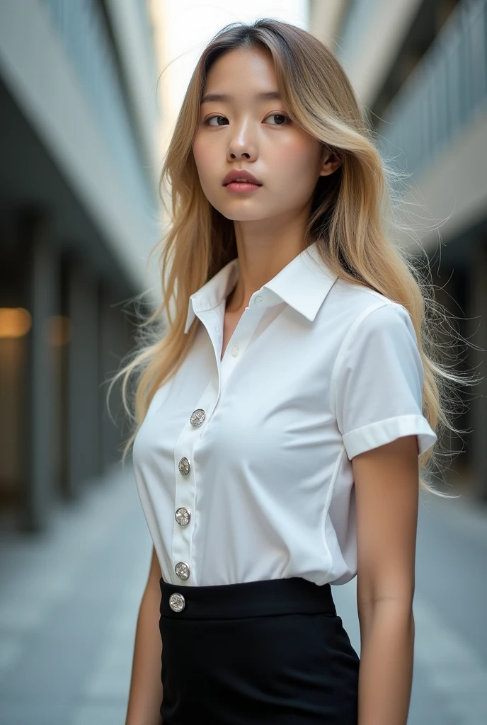 Half Thai and Japanese girl 18 year old , Nisit outfit , white short sleeve slim fit shirt , big silver buttons , ฺฺBlack Stretch Spandex Bodycon Mini Pencil Skirt Slim Tube Tight Hip Mini Skirt , hyper realistic , Long blonde hair blue eye , focus on face , medium shot , A girl is making a motion as if they are about to slip their hand into their pocket, with their body slightly tilted and their face turned to the side, looking off into the distance.
