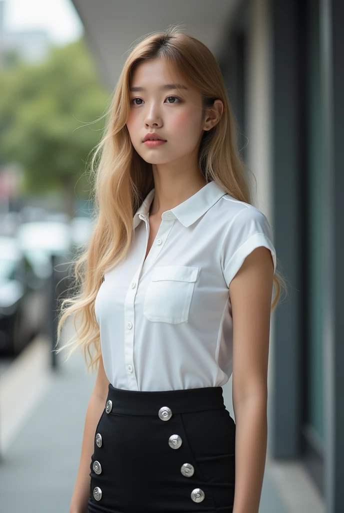 Half Thai and Japanese girl 18 year old , Nisit outfit , white short sleeve slim fit shirt , big silver buttons , ฺฺBlack Stretch Spandex Bodycon Mini Pencil Skirt Slim Tube Tight Hip Mini Skirt , hyper realistic , Long blonde hair blue eye , focus on face , medium shot , A girl is making a motion as if they are about to slip their hand into their pocket, with their body slightly tilted and their face turned to the side, looking off into the distance.