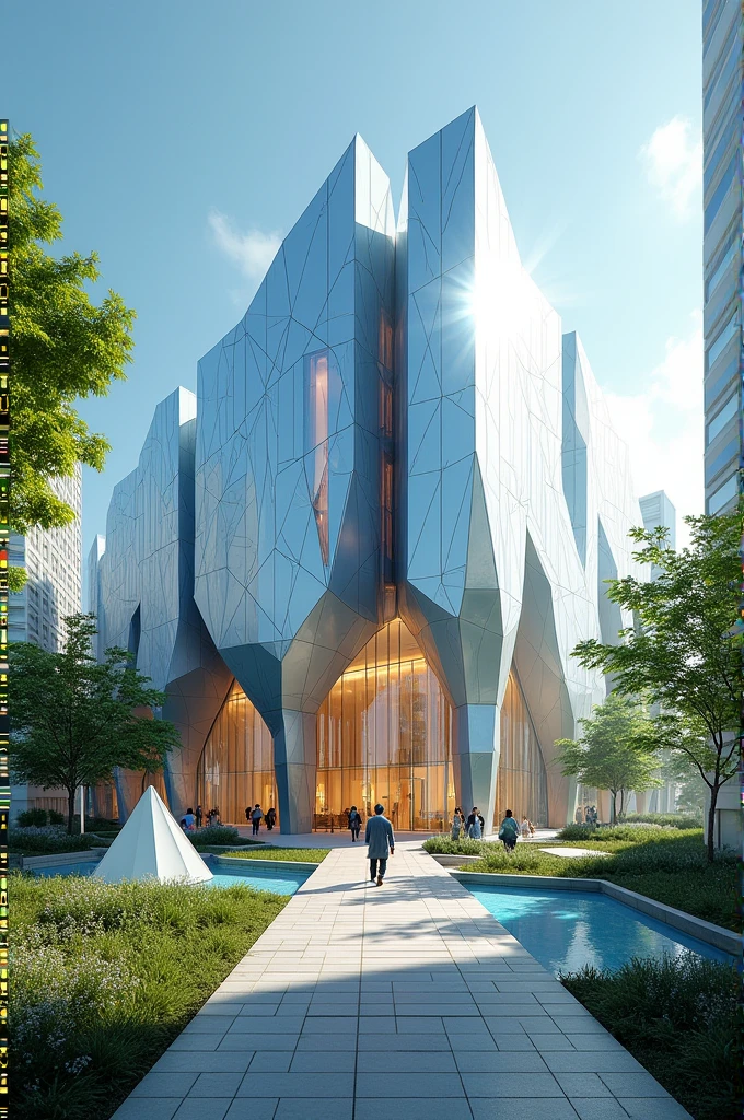 Create a elevation form for a g+3 energy museum for which the inspiration is taken from crystal formation