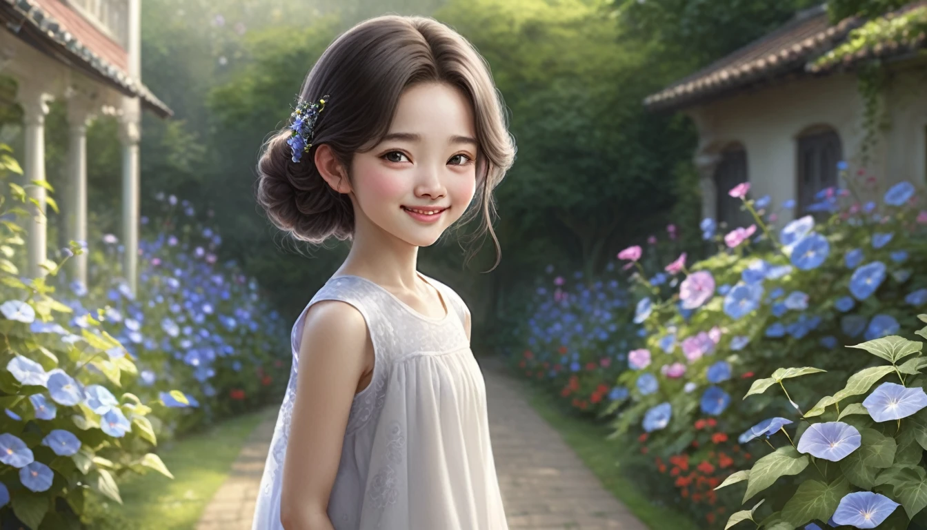 Photorealistic、Little(smile、hairpin、A hairstyle that reveals a large forehead、A hairstyle parted in the middle、No sleeve)、Taking a walk through a garden where morning glories are blooming.、Morning Dew