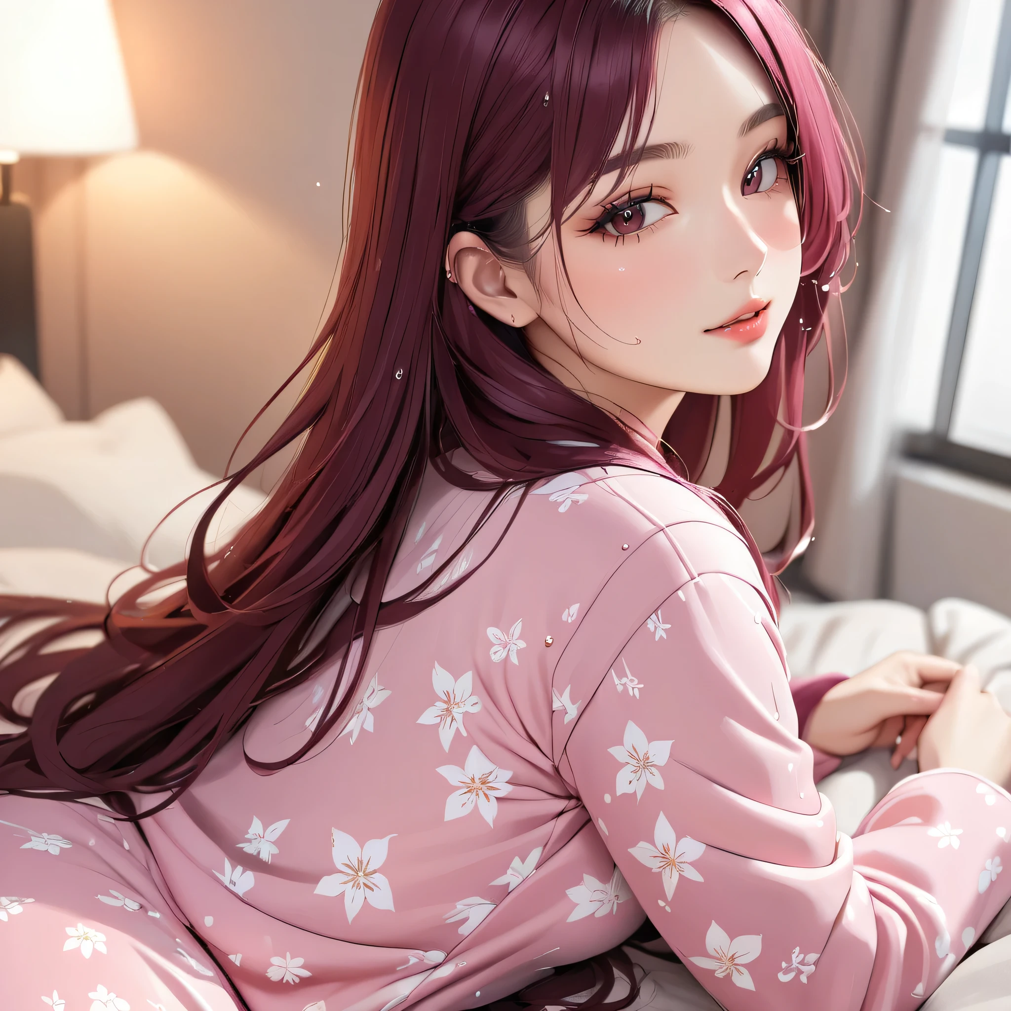 1 girl, (masterpiece,highest quality,超A high resolution), (((Very beautiful 25 year old girl))), look at the photographer、 ((beautiful long hair)), super cute face, glossy lips, double eyelids in both eyes,natural smile、 natural makeup, long eyelashes, Shiny and smooth dark burgundy hair、perfect limbs, perfect anatomy,(((comfy pajamas)))、,(wet with sweat),,turn around and look back,See-through