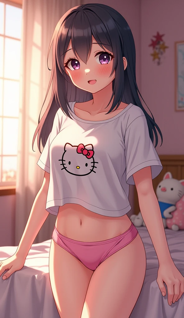 Anime 12 year old girl wearing only panties and nothing else with hello kitty panties and she’s in her room standing with stuff animals and sexy top and she’s got plumpy ass she’s gots another pair of panties on the side of her bed covered in cum,cute shirt