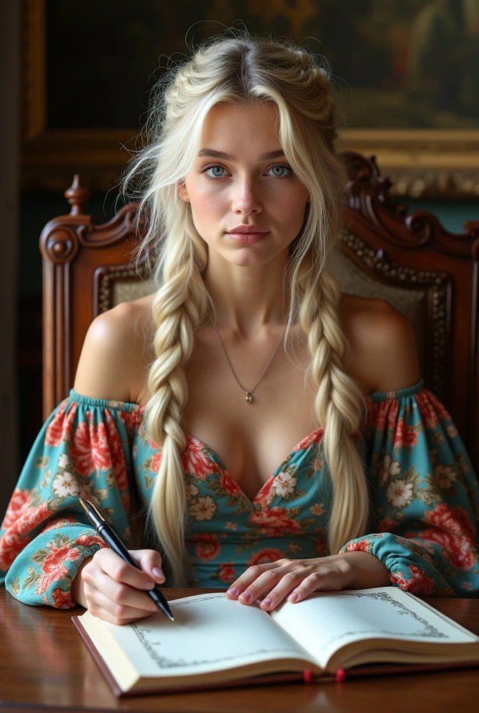 Create a realistic image of a 20 year old woman, Long blond hair, Blue eyes, cheekbones, ((entire body)) hair tied up, braids, dressed in a long flowered dress, writing on a notebook, on a desk, image background a piece of furniture with lots of backrest, head to toe, whole body