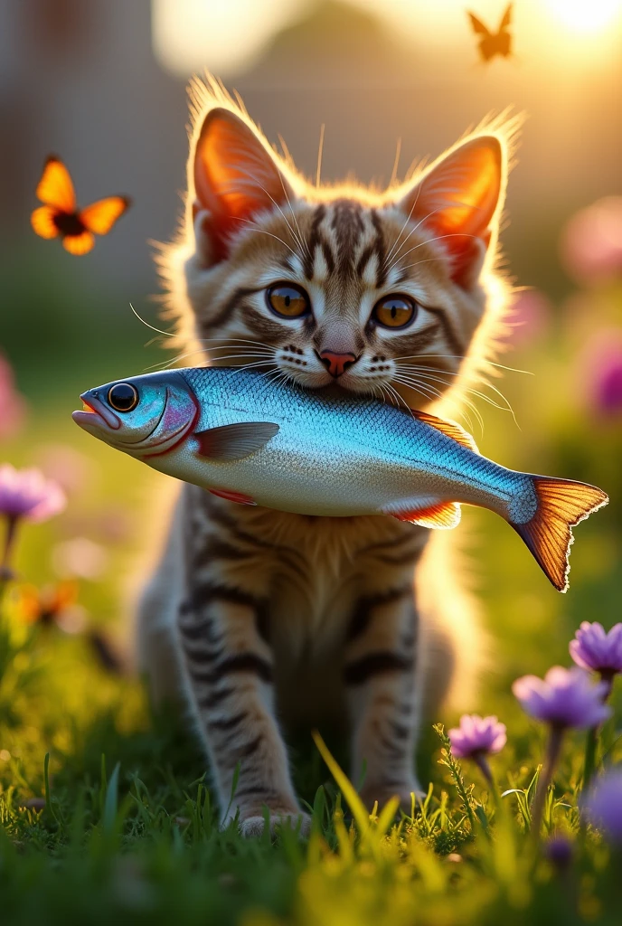 A cate holding a fish in her mouth