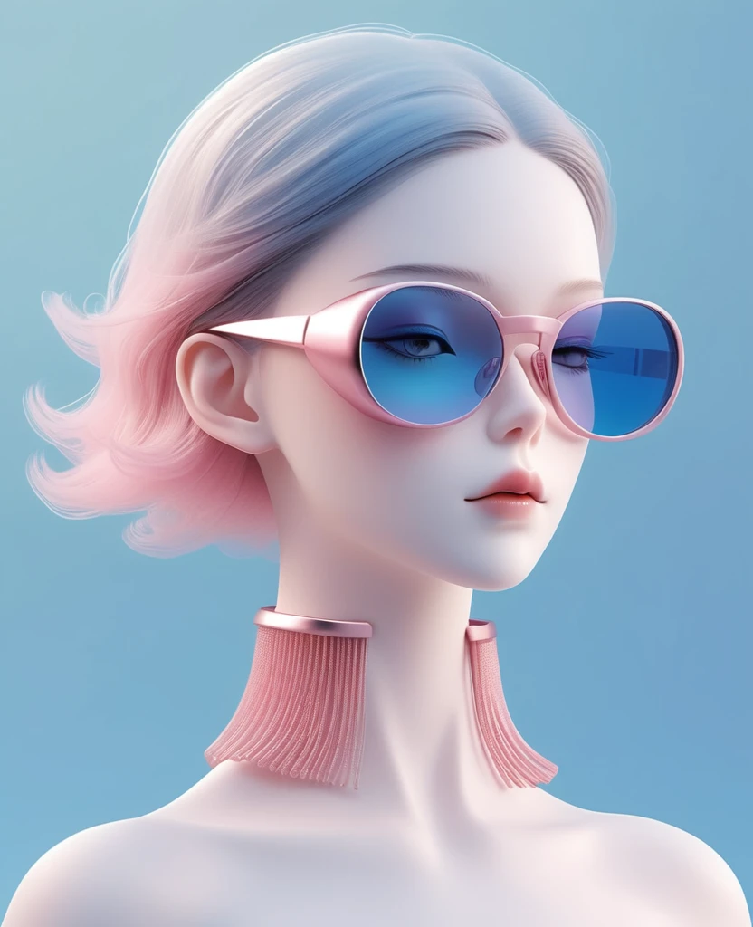 3D illustration of the upper body and face of an AI model wearing futuristic glasses, Stylish glasses with a drink attached,gradient background, pastel color palette, Pink blue, Simple, Cold metallic texture, surrealism,