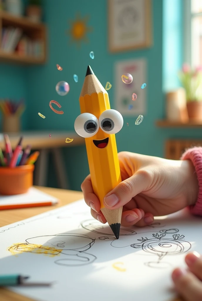 Pencil with the googly eyes . Hand holding the pencil. Draw use the pencil