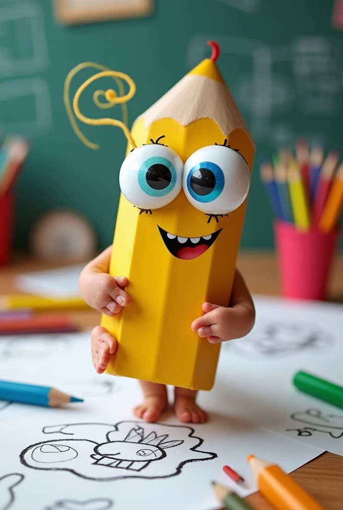 Pencil with the googly eyes . Hand holding the pencil. Draw use the pencil