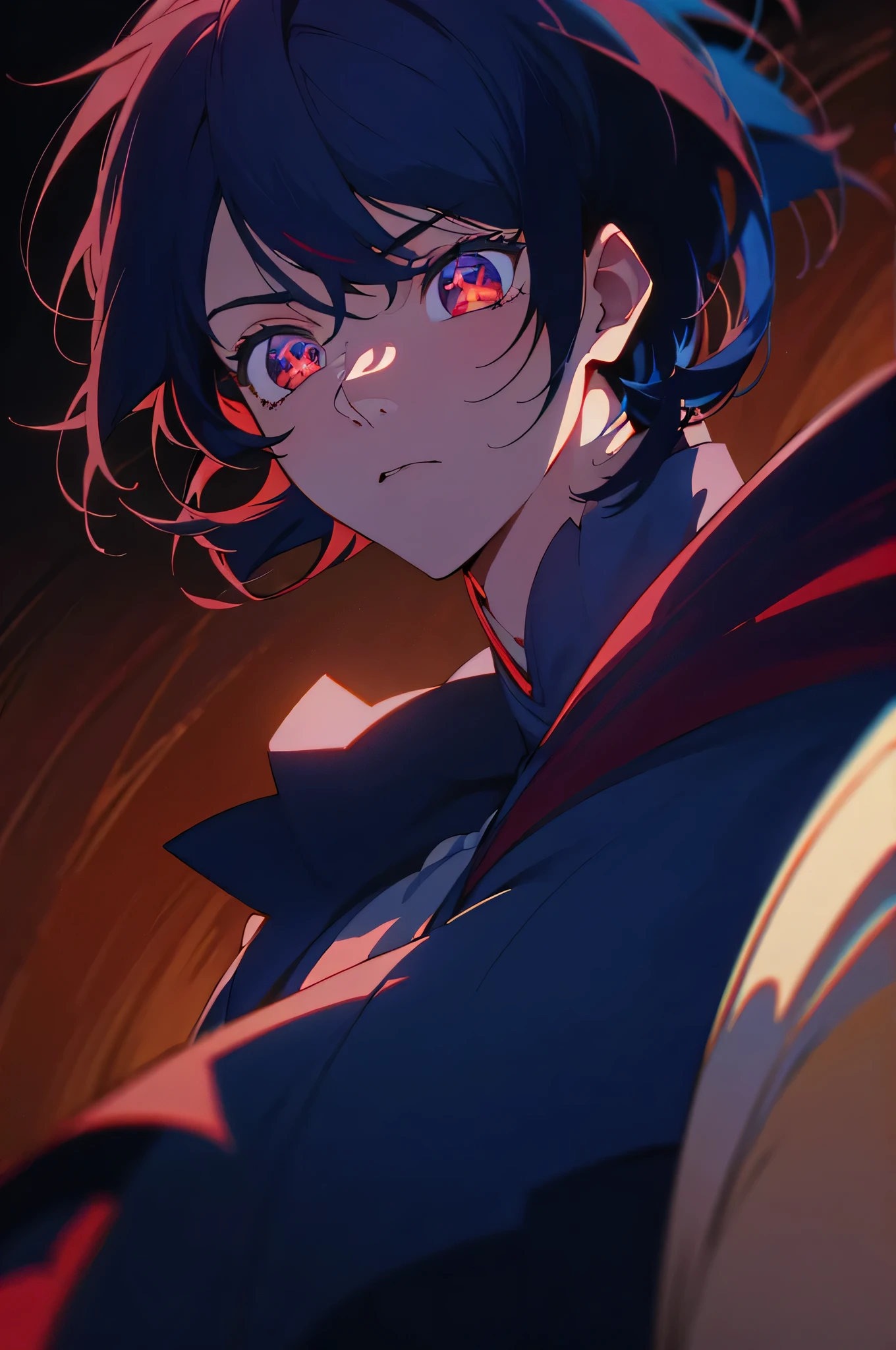 a handsome anime boy with  detailed  blblue and red eyes, short black hair,  facial features,  details, beautiful defined jawline, striking expression, dynamic pose, detailed clothing, intricate background, cinematic lighting, vibrant colors, digital art, 8k, 4k, best quality 