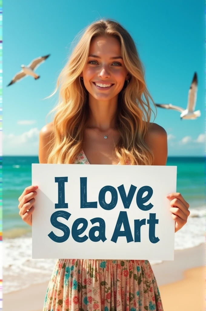 Beautiful girl with wavy long hair, bohemian dress, holding a white board with text "I Love Seaart Infinity" and showing it to the viewer