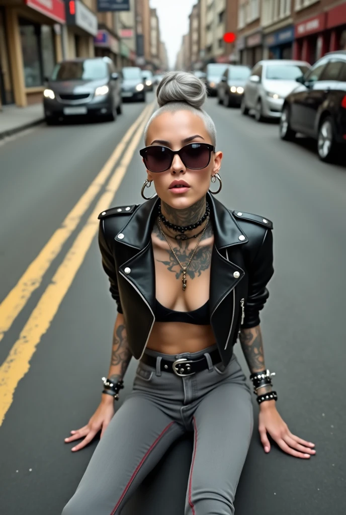 russian old milf woman, grey hair (huge top bun with shaved sides) and sunglasses as headband (big maxi glasses), with very light blue eyes, extremely pale. Wearing cropped black moto jacket, black bra, skinny dark grey jeans with red thread seams and pointy Chelsea boots with cuban heels . Lots of metallic bracelets and collars. Tacky leather belt with oversized buckle. Wide loop earrings. Sitting on the floor, looking up, chin up, eyes and mouth wide open in amazement. Hands in prayer position .Looking at the camera in amazement, toned abdominals, thin legs and thin arms. tattoed