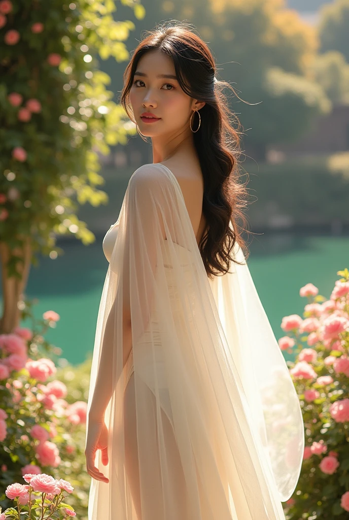 1girl,beautiful Korean girl,standing in front of garden flower and lake,Slovenia,girl wearing a white cloth transparant, beautiful scenery,intricate architecture,sunlight,warm colors,soft lighting,beautiful detailed eyes,beautiful detailed lips,extremely detailed eyes and face,longeyelashes,photorealistic,4k,8k,highres,masterpiece:1.2,ultra-detailed,realistic,photorealistic:1.37,HDR,UHD,studio lighting,ultra-fine painting,sharp focus,physically-based rendering,extreme detail description,professional,vivid colors,beautiful portrait