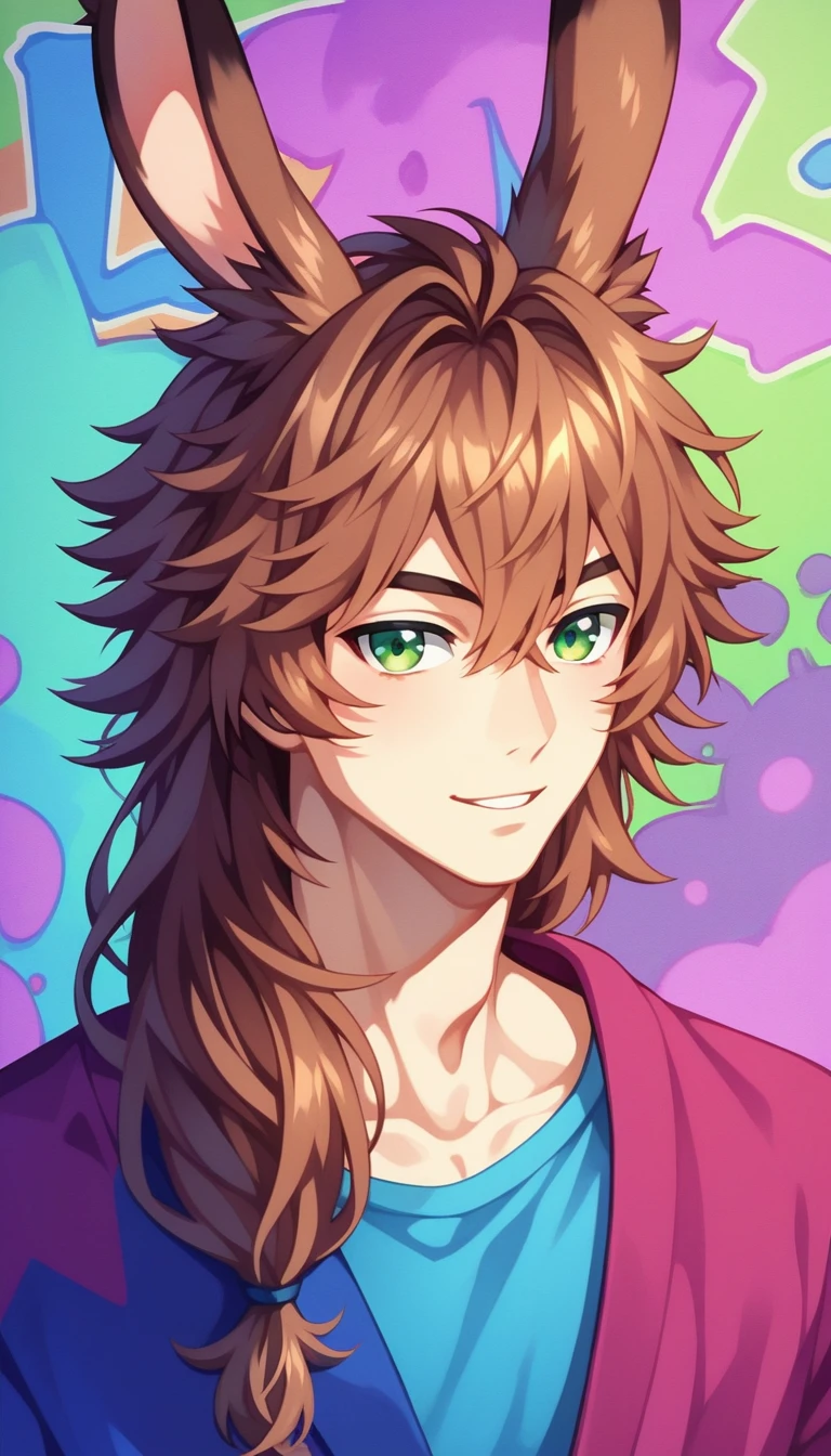 Anime Style, FF14 VIERA, male, Rabbitkin, gossiper, Reddish brown hair, Green Eyes, Sharp Eyes, Long Hair, Calm. wise, Neon purple graffiti background, Utopian City, Surrealism, Expressionism, Anime Style, Cast a Shadow, Film Grain, Vignetting, silhouette, 1080P, Anatomically correct