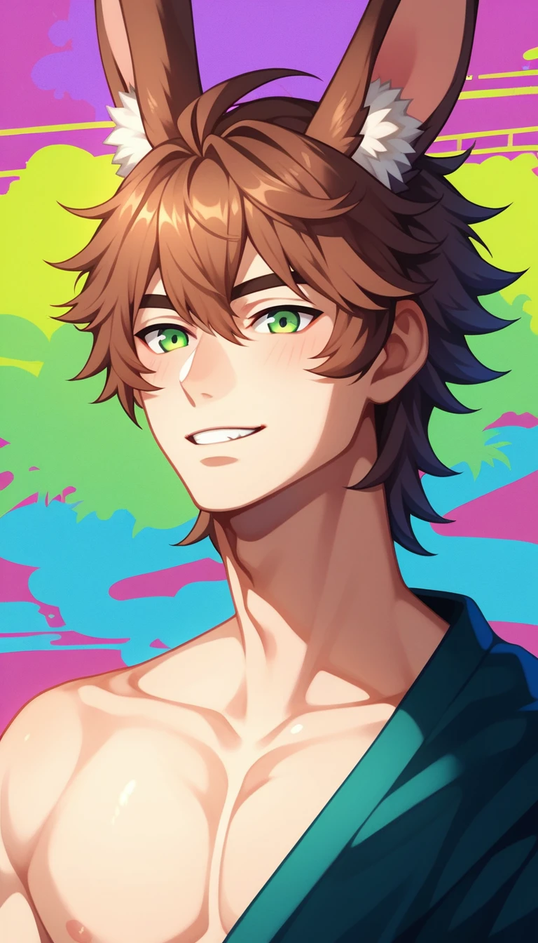 Anime Style, FF14 VIERA, male, Rabbitkin, gossiper, Reddish brown hair, Green Eyes, Sharp Eyes, Long Hair, Calm. wise, Neon purple graffiti background, Utopian City, Surrealism, Expressionism, Anime Style, Cast a Shadow, Film Grain, Vignetting, silhouette, 1080P, Anatomically correct