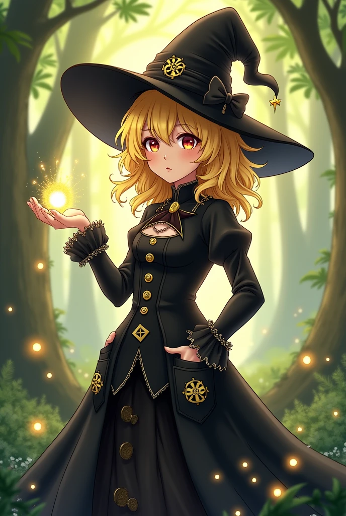 Marisa Kirisame&#39;s appearance: She wears black clothing that is both a magician&#39;s and hides dirt.。 Blonde hair with frills、large black hat、Characteristics include drawers etc.。 ...