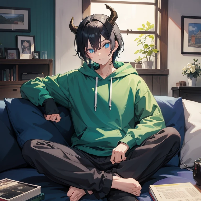 Masterpice, best quality, high quality, 1 boy, Solo, has Blue eyes, has Short Black hair, has horns, wears Green hoodie with farmer pants, full body, viewing camera, upper body, happy expression, in the room, sitting in the couch,  anime art, anime art wallpaper, anime style 4K, badass anime, sunny day