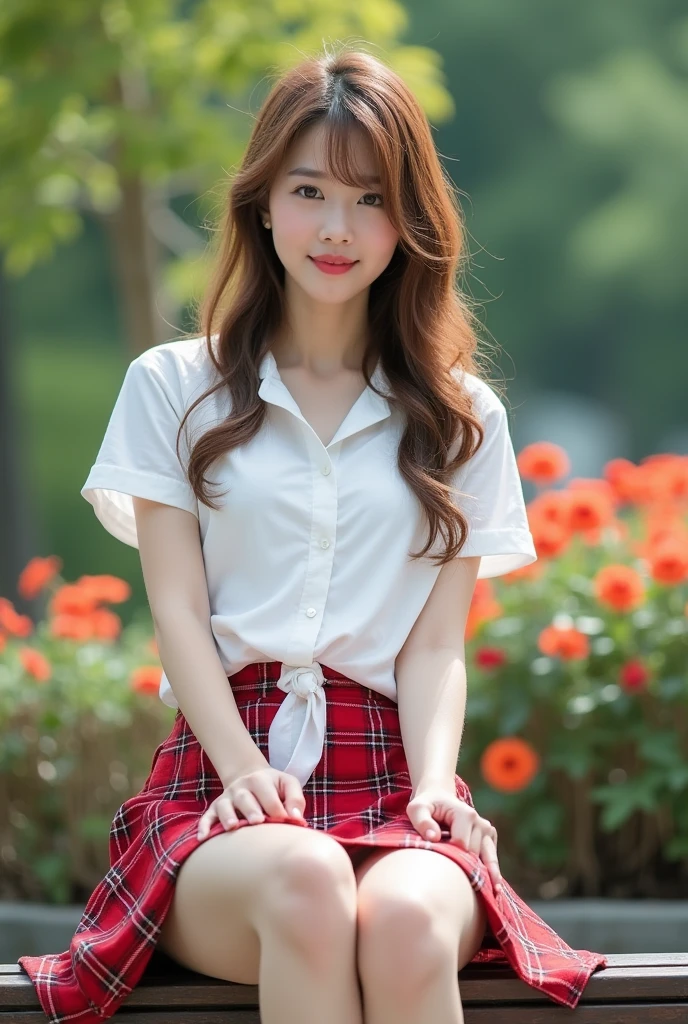 A beautiful korean girl, 20 years old, kpop style, light brown long wavy hair, sexy body, long legs, wide thigh gap, sexy butt, sitting front view on a bench of flowery garden. She's wearing shortsleeve white open all buttons shirt showing her breasts and ((red tartan miniskirt)), ((twisting skirt, lifting up high your own skirt:1.3)), the skirt is just below of her pussy, spreading legs, M-legs, ((open wide legs:1.4)), clearly see white slim and thight panties, ((open legs, spreading legs:1.3)), looking to the viewer, (((from below, low angle shot:1.4)))