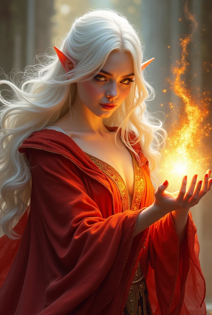 dnd, dungeons and dragons, high half-elf, sorcerer, wild magic, portrait, solo, single person, pale white skin, long white hair, glowing golden eyes, beautiful, female, , busty, smirking, flowing red robes, casting a magical spell, ((masterpiece, best quality)), artwork trending on artstation