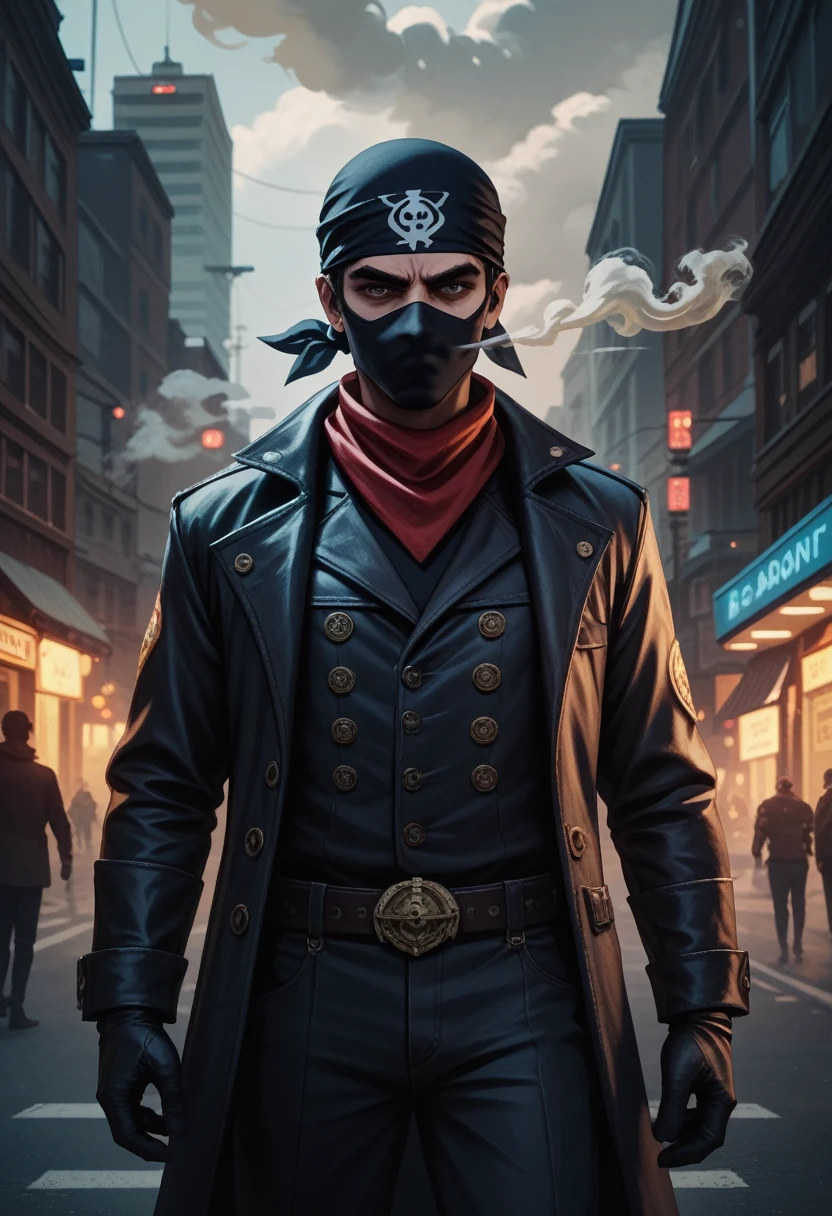 men with bandit bandana s and a woman with bandit bandana on face,coming out of a smokescreen on a city street,wild west,villain,smoke,dust,artwork,3D,4K,Detailed,Realistic