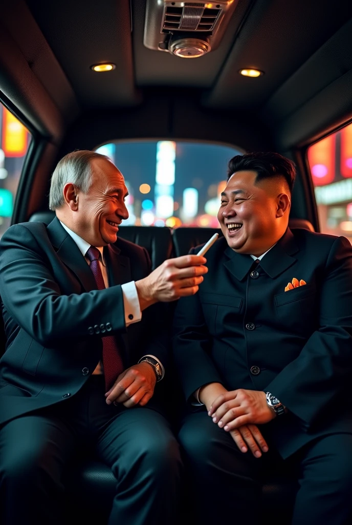 Vladimir Putin and Kim Jong-un are smoking weed inside the limousine.
