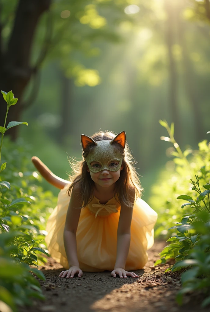 (Photorealism), girl ,15-16 years ,in a cat mask and with a cat tail,crawls on all fours (On knees) in a beautiful place in nature ,beautifully dressed girl ,side shot