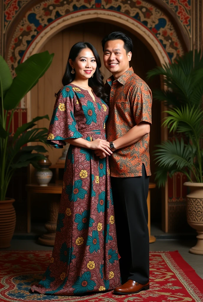 A couple, a woman and a man, are wearing batik clothes in a photo studio.