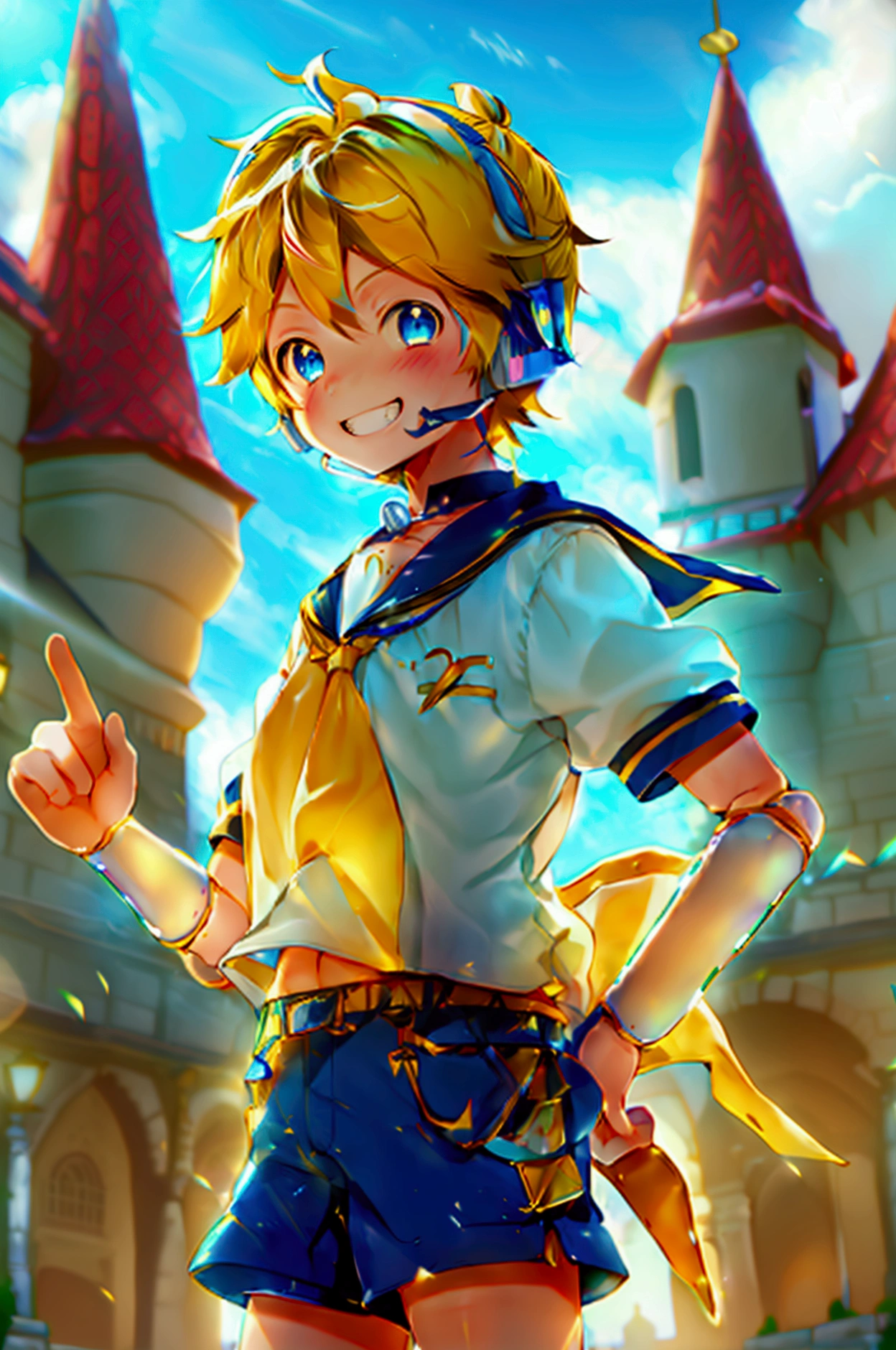 1 boy, (male child), 10 year old, (Kagamine Len), cute, cowboy shot, earphone, sailor uniform, collar tie, shorts, grin, happily grin, full-face blushed, standing in a fantasy castle, giving a V-sign