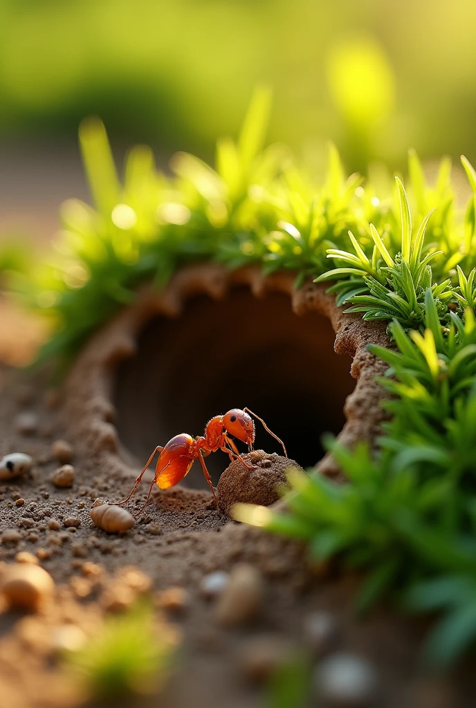 A small, diligent red ant carrying food back to its tiny anthill.