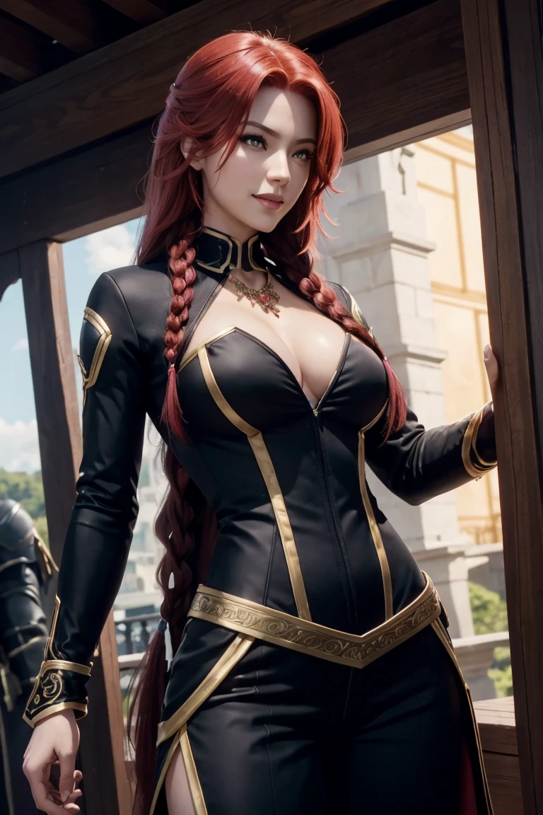 I want to be a powerful figure behind the scenes！,Iris Midgar,Red hair,long hair,Outside flip,with a single braid on one side only,Red eyes,Red Eyes,Beautiful white skin,A suit in black with gold trim,White long pants,Sapphire necklace,Photorealistic,Ultra HD,high quality,masterpiece,Digital SLR,Detailed details,Intricate details,Anatomical basis,Depicted in detail,A detailed face,Realistic skin texture,Vivid details,Perfect Anatomy,Perfect Anatomy,Anatomically correct hand,Anatomically correct fingers,Super Detail,Complex 3D rendering,The worldview of a fantasy with sexy poses,In the great outdoors,Petals of roses dance,Picturesque,Pink Lips,smile,