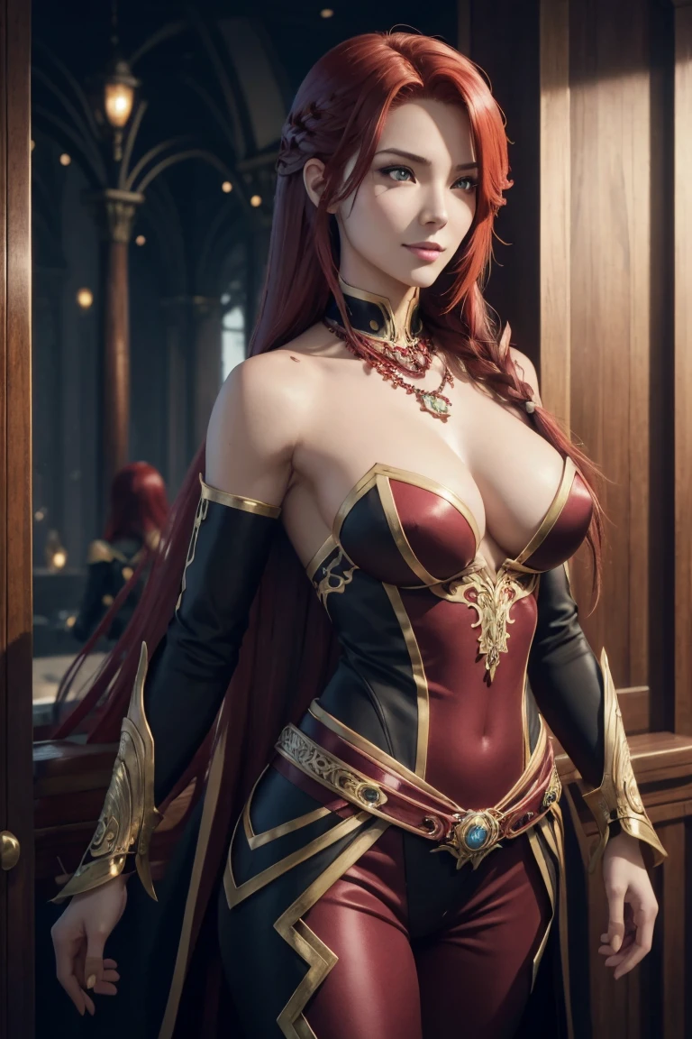 I want to be a powerful figure behind the scenes！,Iris Midgar,Red hair,long hair,Outside flip,with a single braid on one side only,Red eyes,Red Eyes,Beautiful white skin,A suit in black with gold trim,White long pants,Sapphire necklace,Photorealistic,Ultra HD,high quality,masterpiece,Digital SLR,Detailed details,Intricate details,Anatomical basis,Depicted in detail,A detailed face,Realistic skin texture,Vivid details,Perfect Anatomy,Perfect Anatomy,Anatomically correct hand,Anatomically correct fingers,Super Detail,Complex 3D rendering,The worldview of a fantasy with sexy poses,In the great outdoors,Petals of roses dance,Picturesque,Pink Lips,smile,