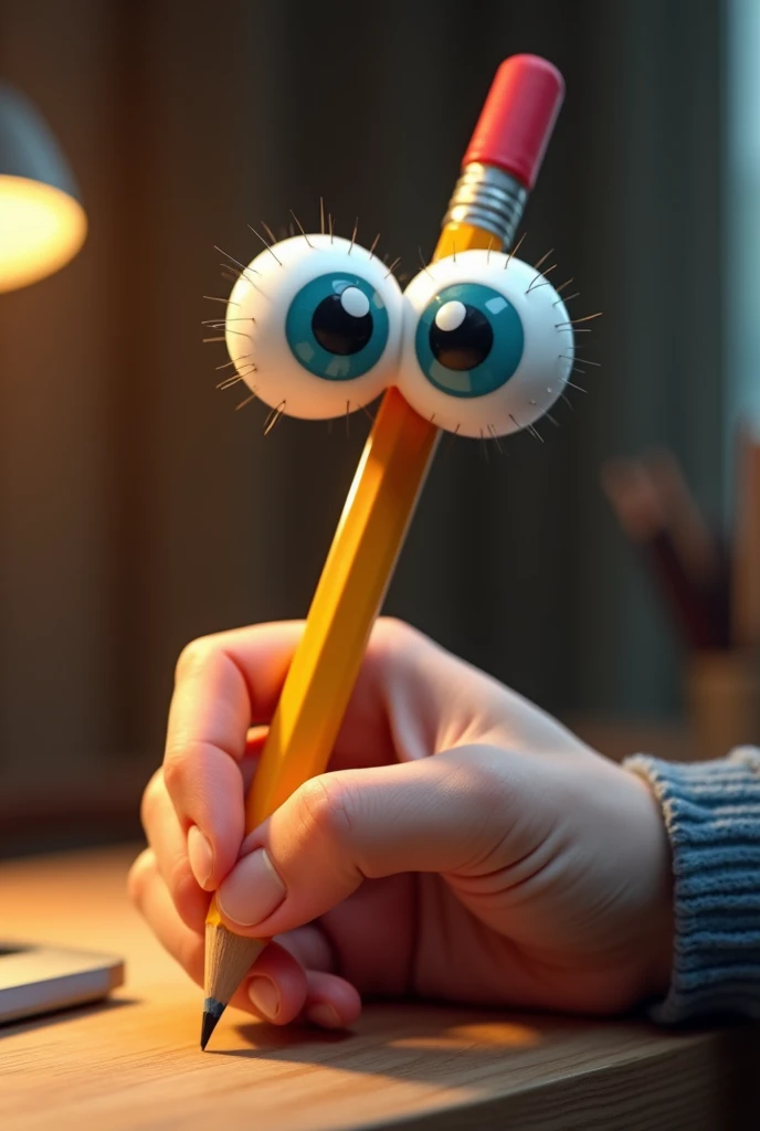 pencil with googly eyes,hand holding pencil,detailed pencil drawing,hyperrealistic,highly detailed,photorealistic,intricate,masterpiece,digital art,studio lighting,sharp focus,realistic shadows,dynamic composition,warm color palette