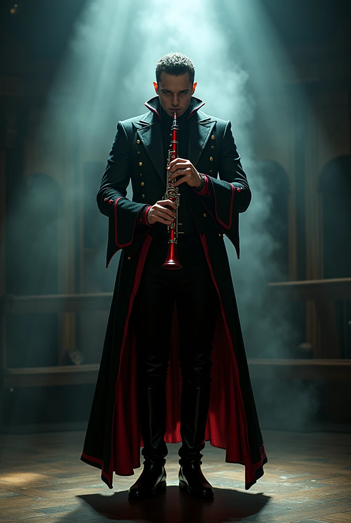 A character with a red clarinet, an evil palpe with black, a musician's costume that is black red and white, black shoes, black sleeves, is a side of enchanting villain musician