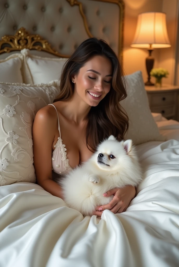 Beautiful woman in her 20s in a luxury bedroom,brown long hair,D cup chest,
White Pomeranian lying on the bed together,White silk bedding