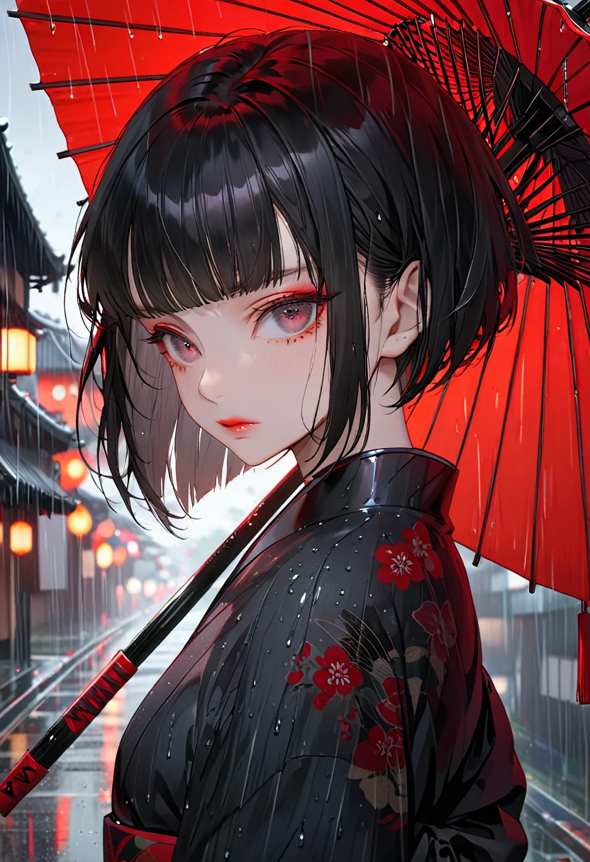 The background is Kyoto on a rainy day,(Highest quality,Very detailed,High resolution:1.2),beautiful girl,Black very short hair,Black hair bangs,very_Long eyelashes, Detailed lips, Cool look, Soft Skin, Shiny Hair,Exquisite makeup,A sad and poignant piece,holding a red Japanese umbrella.