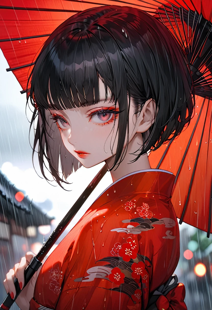 The background is Kyoto on a rainy day,(Highest quality,Very detailed,High resolution:1.2),beautiful girl,Black very short hair,Black hair bangs,very_Long eyelashes, Detailed lips, Cool look, Soft Skin, Shiny Hair,Exquisite makeup,A sad and poignant piece,holding a red Japanese umbrella.