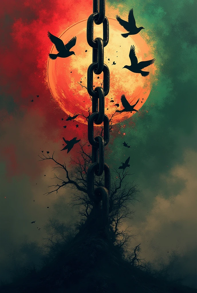 Independence is the new Bangladesh at the cost of the lives of thousands of students. the background is bangladesh flag and the front will be a black chain and some birds with a bangla slogan