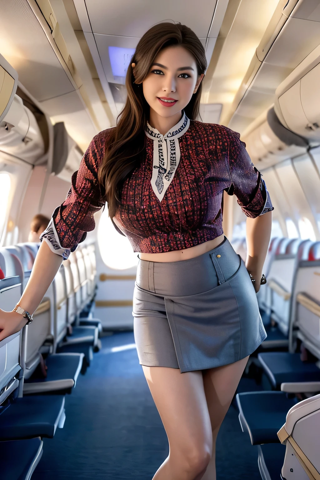 beautiful woman, 28 years、hyperdetailed face、Detailed lips、A detailed eye、double eyelid、(Smiling while walking gracefully down the aisle)、(Stewardess uniform:1.2)、((mini skirt:1.5)) (Glamorous body)、(Colossal tits)、（large full breasts）（big butts）（Plump body）（plump body shape）（ large full breasts）（Colossal tits）((unbutton))、highs thighs thighs thighs, Perfect fit, Perfect image realism, Background with: (Business Class aisle on airplanes:1.2), Cowboy Shot, Meticulous background, detailed costume, Perfect litthing、Hyper-Realism、(Photorealsitic:1.4)、8K maximum resolution, (​masterpiece), ighly detailed, Professional