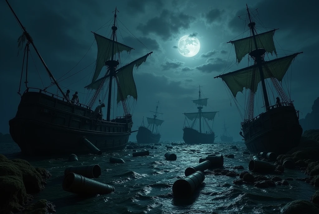 Draw a ship graveyard, with many pirate ships. With many sunken ships and cannons and skeletons
The whole thing should be kept very dark and gloomy.
The whole thing at night and from above. The picture can be almost completely black , so that the ships can only be guessed