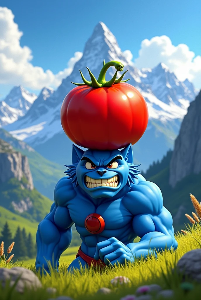 A huge intense red tomato on top of panthros head of thundercats on alps mountains