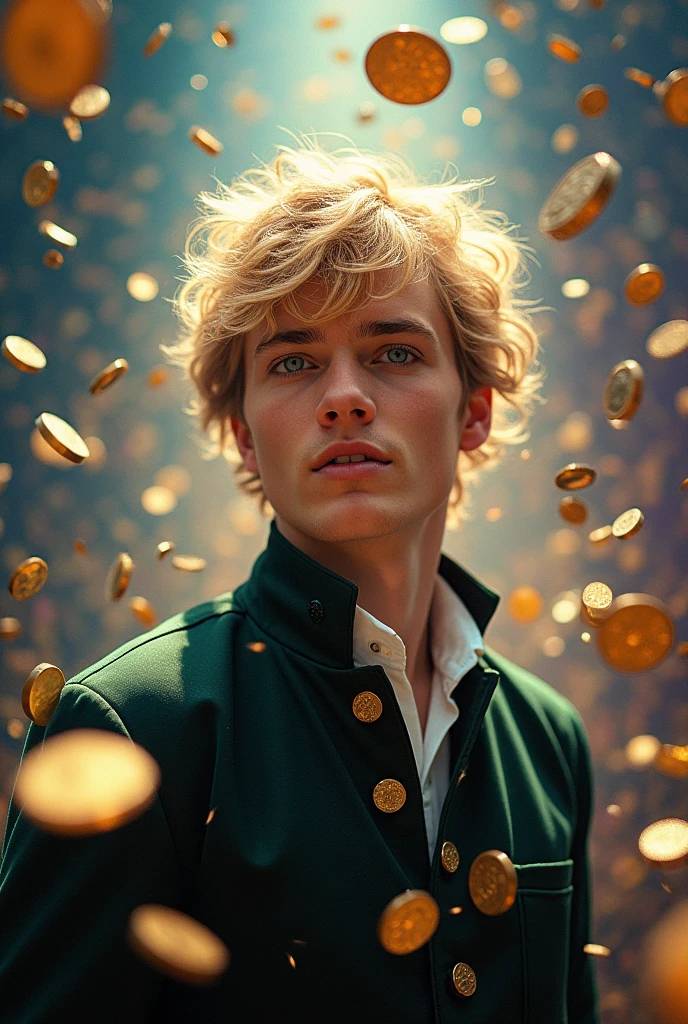 A young man with blonde hair and blue eyes stands in the center of a swirling vortex of golden coins, a look of wonder and excitement on his face. He is surrounded by a flurry of confetti and light, as if he has just won a grand prize. The coins are all different shapes and sizes, and they seem to be floating in the air, defying gravity. The background is a dark blue, with a hint of purple, and the light from the coins illuminates the scene. The man's clothes are a dark green and black, and he wears a white collar.

[Anime style, dynamic and energetic], [Honkai Impact 3rd, Genshin Impact], [lighting: warm and bright, with a strong spotlight on the man], [camera: wide-angle lens, with a shallow depth of field], [effects: motion blur, lens flare, and a slight vignette]