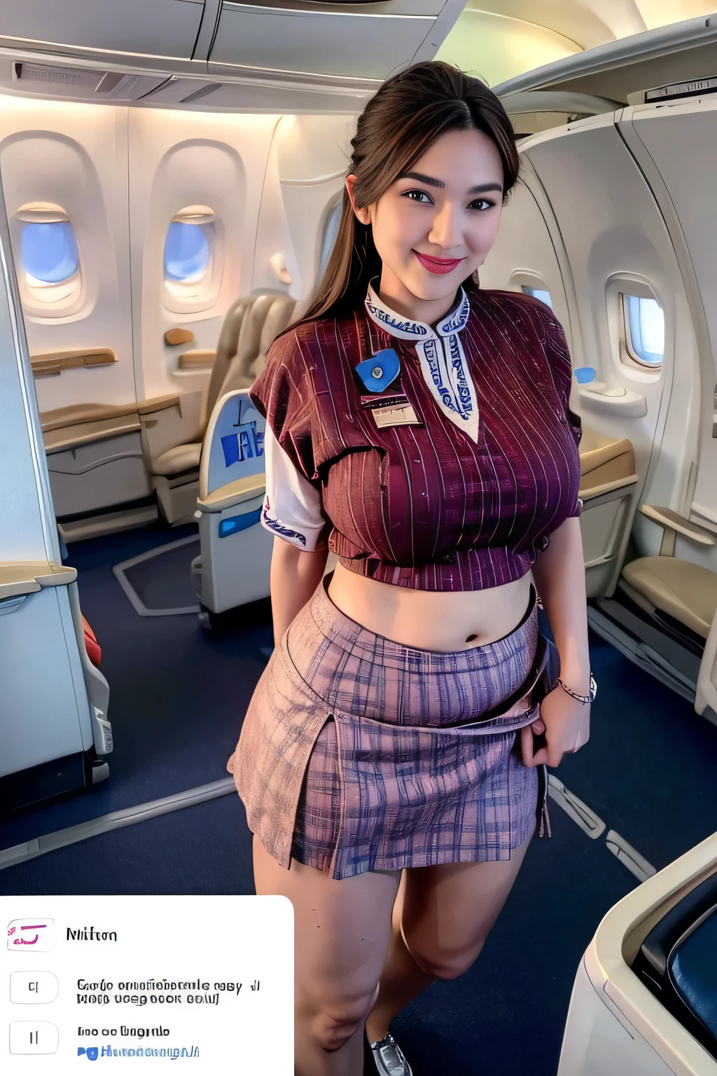 beautiful woman, 28 years、hyperdetailed face、Detailed lips、A detailed eye、double eyelid、(Smiling while walking gracefully down the aisle)、(Stewardess uniform:1.2)、((mini skirt:1.5)) (Glamorous body)、(Colossal tits)、（large full breasts）（big butts）（Plump body）（plump body shape）（ large full breasts）（Colossal tits）((unbutton))、highs thighs thighs thighs, Perfect fit, Perfect image realism, Background with: (Business Class aisle on airplanes:1.2), Cowboy Shot, Meticulous background, detailed costume, Perfect litthing、Hyper-Realism、(Photorealsitic:1.4)、8K maximum resolution, (​masterpiece), ighly detailed, Professional