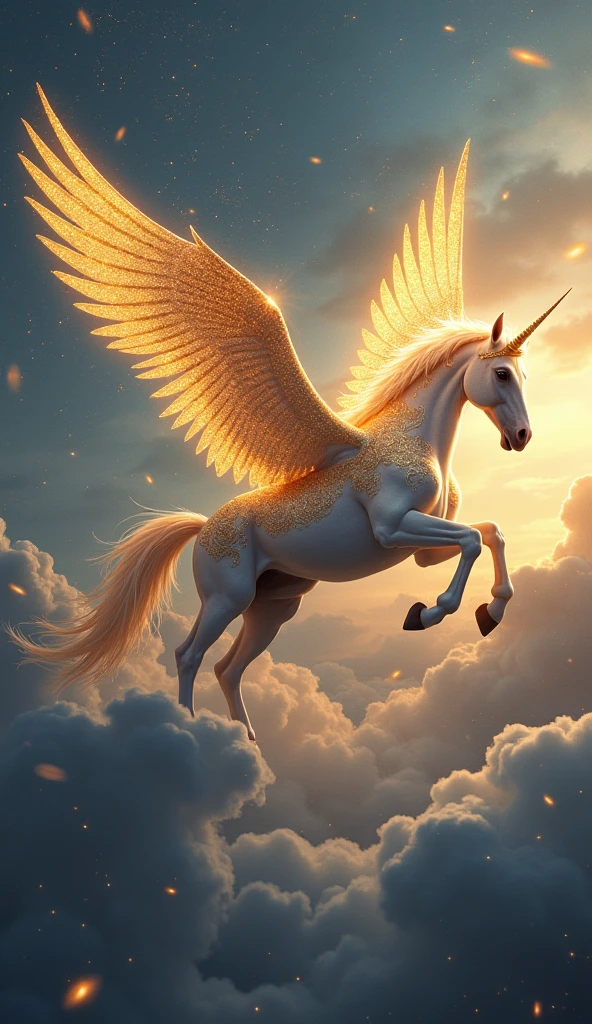 Pegasus,Fantastic fantasy,Glowing in gold,Moody Color,Golden glitter background,The background is the sky