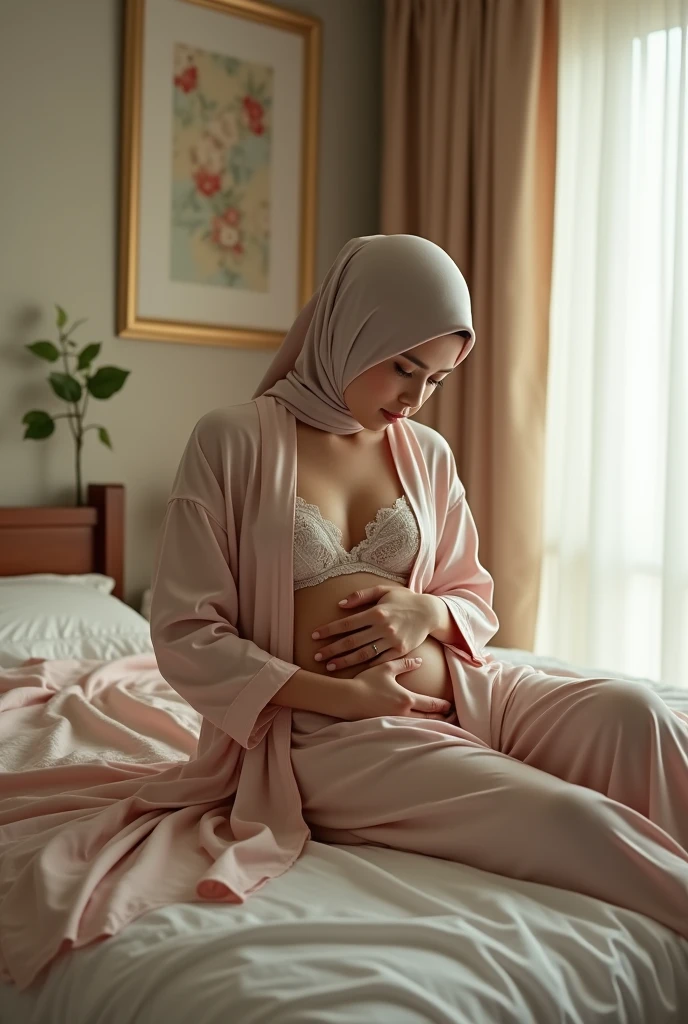 a beautiful Indonesian woman wearing a hijab, slim, 32 years old wearing a robe with the buttons open, visible bra, is massaging the stomach of a age boy on the bed