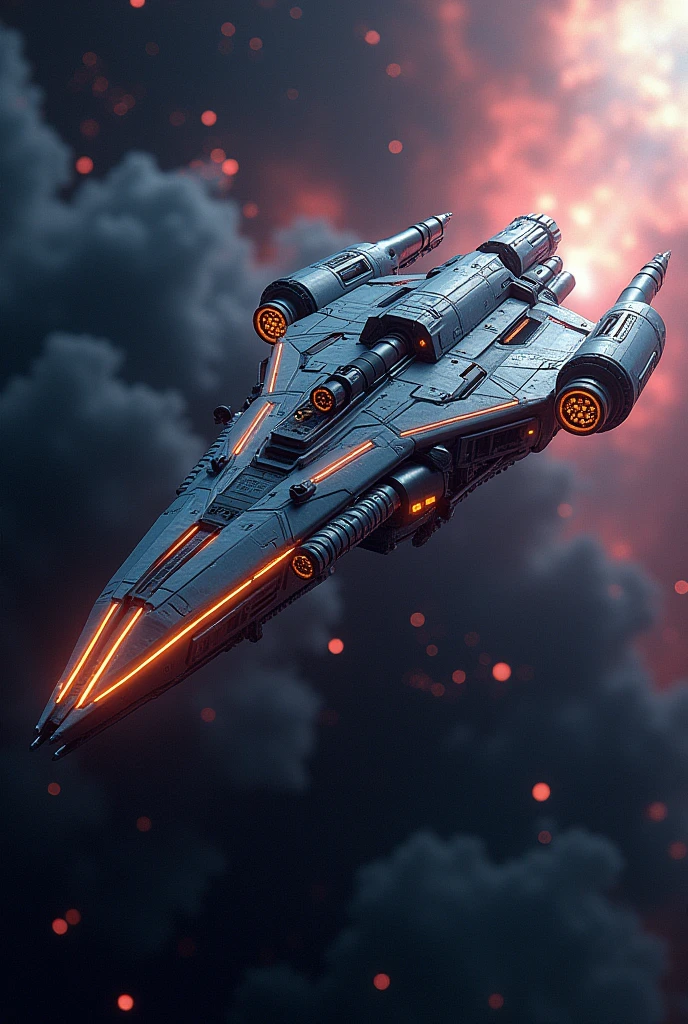a highly detailed and intricate pen concept spaceship, cinematic lighting, glowing neon accents, futuristic technology, complex machinery, sleek and aerodynamic design, metallic surfaces, intricate panels and vents, floating thrusters, advanced sensors and communications arrays, dramatic shadows and highlights, vibrant color palette, photorealistic