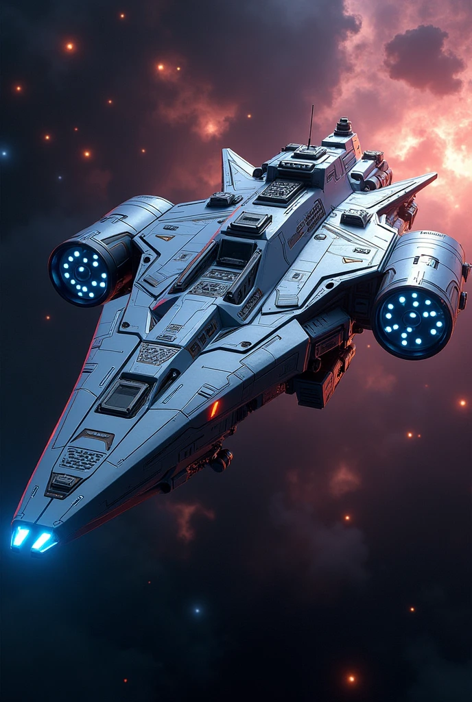 a highly detailed and intricate pen concept spaceship, cinematic lighting, glowing neon accents, futuristic technology, complex machinery, sleek and aerodynamic design, metallic surfaces, intricate panels and vents, floating thrusters, advanced sensors and communications arrays, dramatic shadows and highlights, vibrant color palette, photorealistic