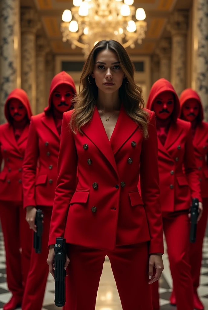 A 25-year-old girl dressed in red with a weapon and with 5 people dressed in red too with the Money Heist mask behind her in the Bank of Spain 