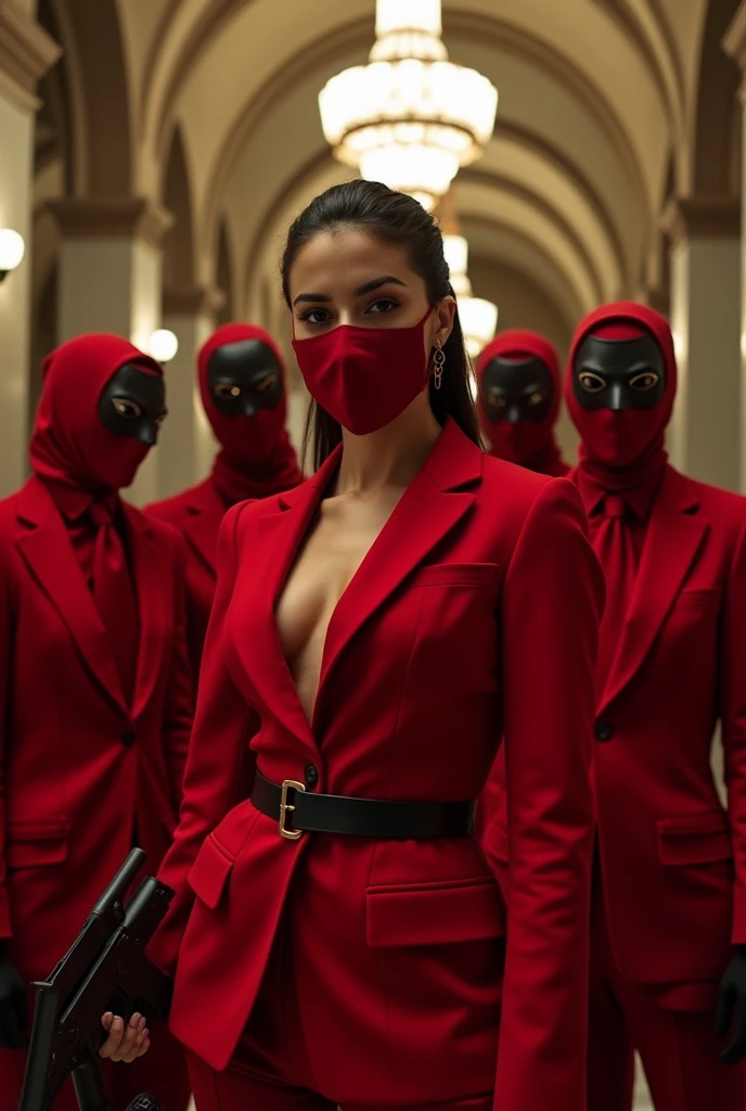 A 25-year-old girl dressed in red with a weapon and with 5 people dressed in red too with the Money Heist mask behind her in the Bank of Spain