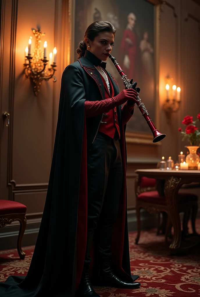 A character with a red clarinet is palping evilly with black a musician's costume which is black red and white black shoes black sleeves and is a side of enchanting vampire. 